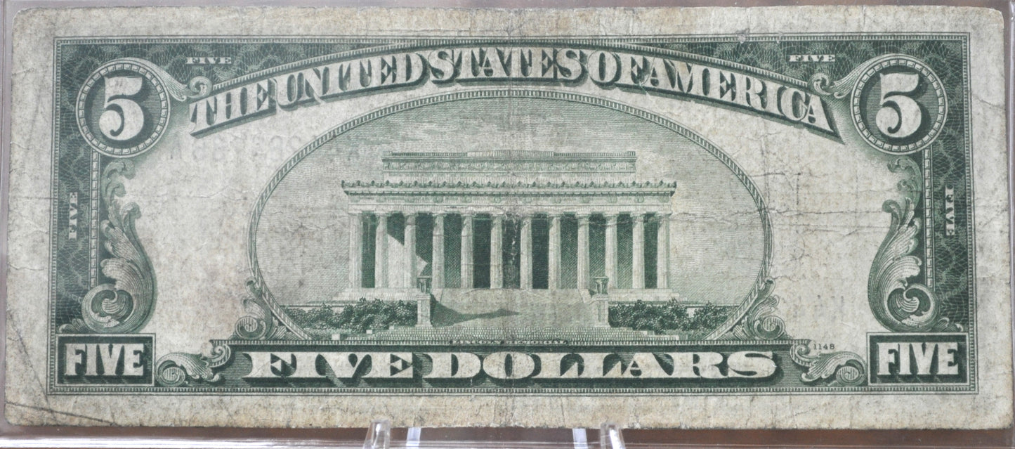 1934-A 5 Dollar Silver Certificate North Africa Yellow Seal - Fine Grade / Condition - 1934 North Africa Five Dollar Silver Cert 1934 Fr#2307