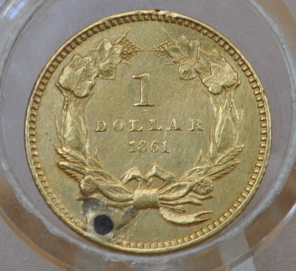 1861 Indian Princess Head One Dollar Gold Coin (Type 3) - XF+ Detail, Hole Drilled - 1 Dollar Gold 1861 Indian Princess