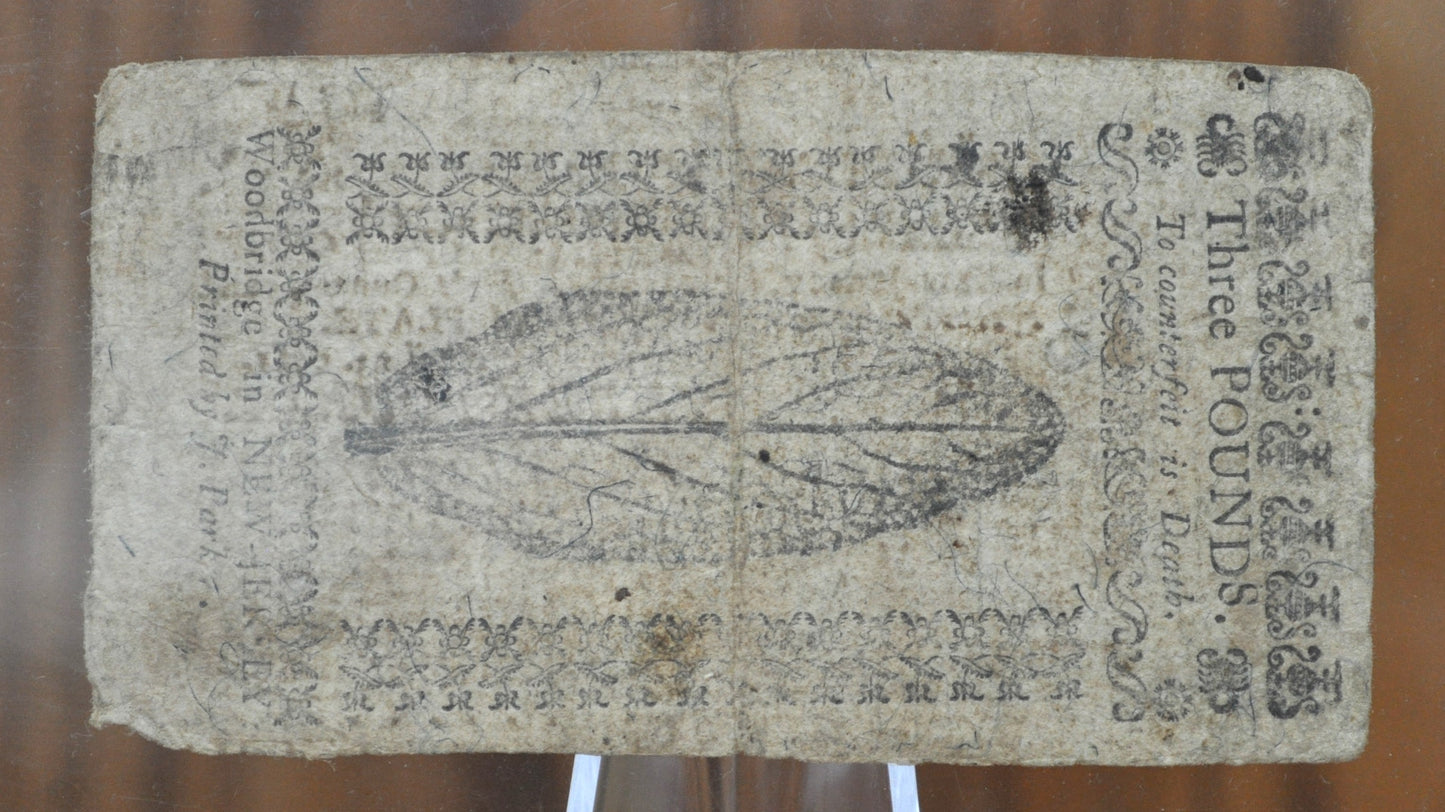 Very Rare 1761 State of New Jersey 3 Pound Note April 23rd 1761 - Continental Currency - NJ 3 Pound Note 1761 - NJ-145 - NJ 4/23/1761, Colonial Note