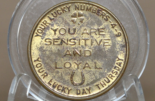 Vintage Pisces Zodiac "Lucky Number" Brass Token Feb 20 - Mar 21 - 1930s-1950s Astrological Good Luck Coin Pisces Mermaid Design