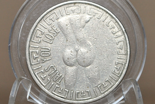 Vintage "Heads I Win, Tails You Lose" Adult Novelty Token - Adult "Peep Show" Style Silver-Tone Token