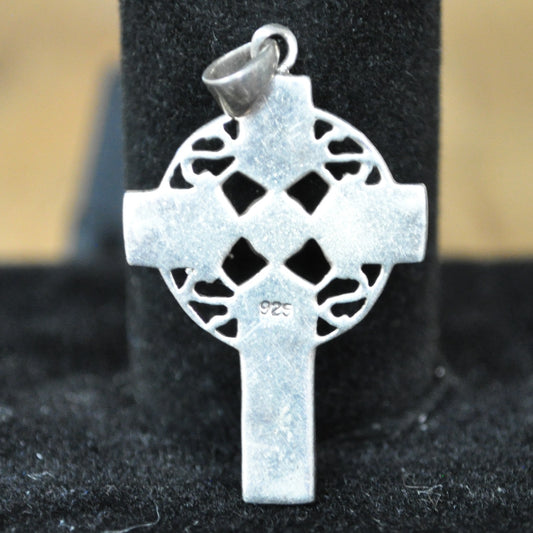 Vintage Sterling Celtic Knotwork Cross with Green Inlay - 925 Silver - 1.5 Inches - 4 grams