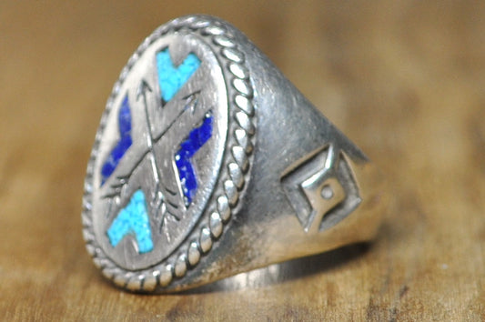 Vintage Native American Style Sterling Silver Inlay Ring Size 10 - Handcrafted Southwestern Turquoise and Lapis Inlay Silver Ring, Size 10
