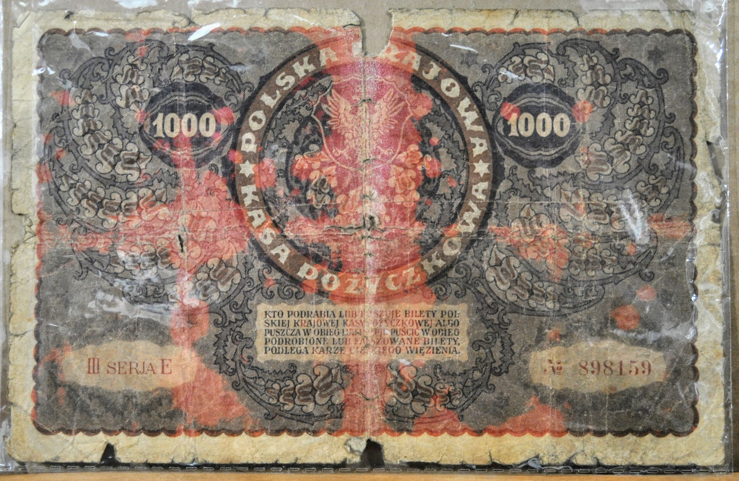 1919 Poland 1000 Marek Large Size Banknote - Third Issue - III Series, 1 Suffix Letter - 1919 Polish One Thousand Marek Note - P#29e