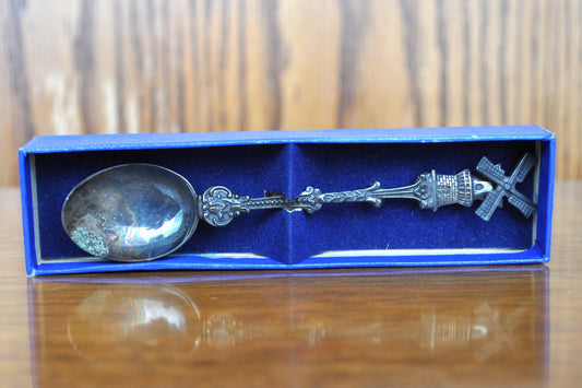Vintage Silver Dutch Holland Windmill Souvenir Spoon - Still in Box - Antique Dutch Souvenir Spoon Windmill in Box