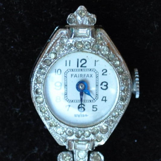 Vintage Fairfax Silver-Toned Ladies Watch Pendant Brooch - 20mm Dial - Beautiful Fairfax Silver Rhinestone Ladies Watch Brooch - Does Not Work
