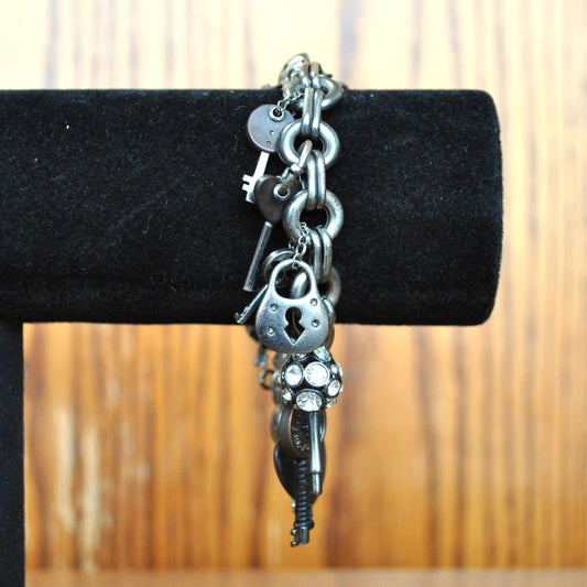Vintage Fossil Silver Lock and Key Charm Bracelet - 7.5in Length - Signed Fossil - Fossil Dark Silver Chunky Lock Key Charm Bracelet