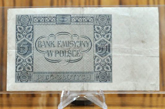 1941 Polish Occupation 5 Zlotych Note - WW2 German Occupation - Series AD - AU Grade - 1941 Poland Five Zlotych Banknote - P#101