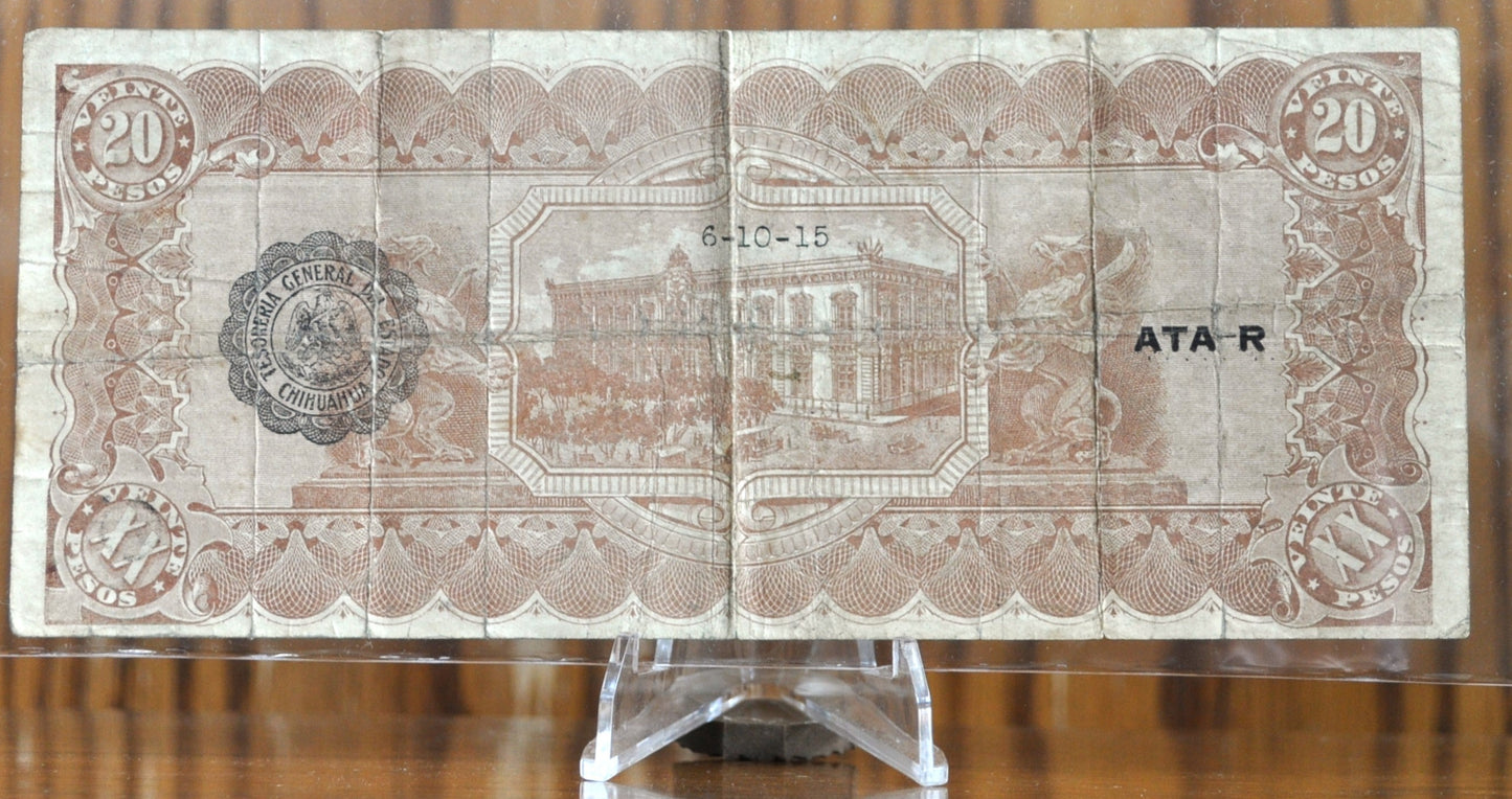 1915 Mexican Revolution Chihuahua 20 Pesos Note - Dated Reverse - 1915 El Estado de Chihuahua Twenty Pesos Mexico Note - P#S537b