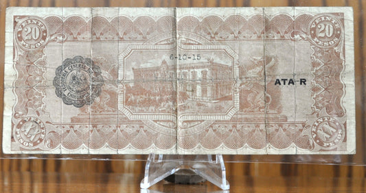 1915 Mexican Revolution Chihuahua 20 Pesos Note - Dated Reverse - 1915 El Estado de Chihuahua Twenty Pesos Mexico Note - P#S537b