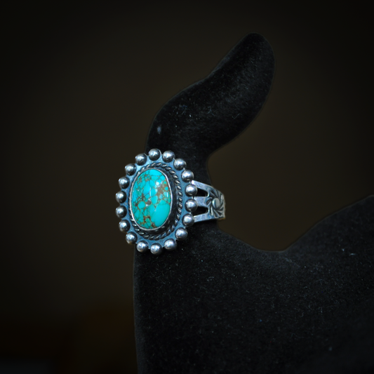 Navajo Sterling Silver Oval Turquoise Statement Ring - Traditional Southwestern Hand-Stamped Turquoise Ring with Beaded Border