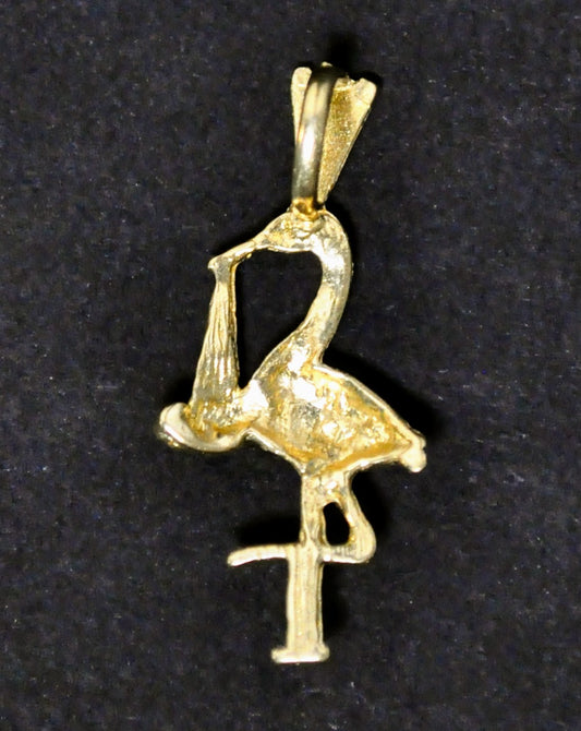14K Yellow Gold Stork with a Baby Charm - Stamped 14K Gold - Vintage 1980s Baby Shower Stork Gold Charm