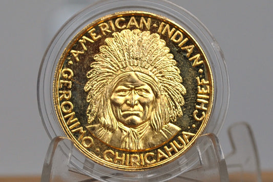 Bronze Gold Plated Geronimo American Indian Chief (UNC) - Geronimo American Indian Chief Chiricahua Gold Plated Bronze UNC Medal
