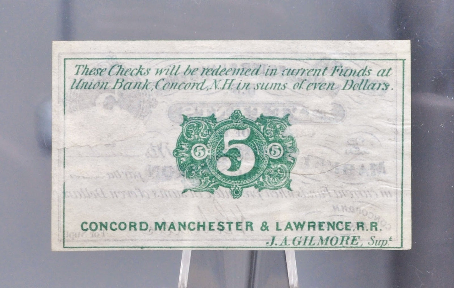 1862 Concord, Manchester & Lawrence Railroad 5 Cents Scrip - Dec. 1st, 1862 - Rare Civil War New Hampshire Railroad Obsolete Five Cent Note