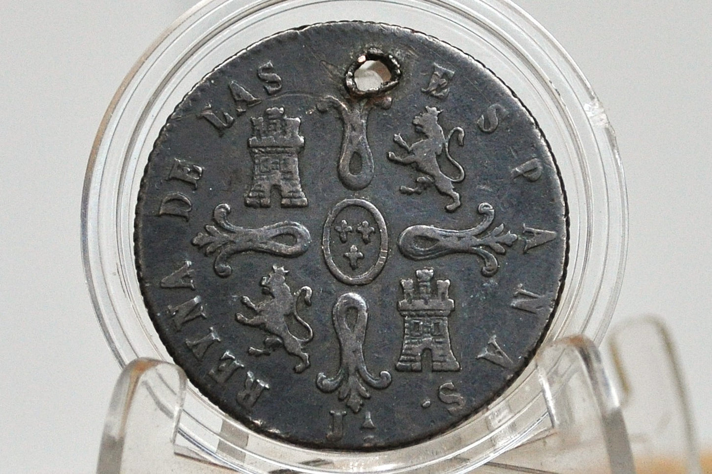 1850 Spanish 8 Maravedis - Great Detail, Holed - Isabel II of Spain - Copper - Spain Isabel II Coin - Eight Maravedis 1850