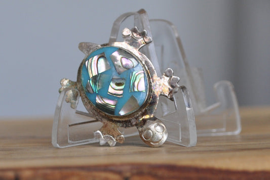 Blue Turtle Mexican Taxco Abalone Shell Pendant/Brooch made from .925 Sterling Silver - Abalone Shell Pendant/Brooch in .925 Sterling Silver, Handmade in Taxco, Mexico Turquoise Turtle