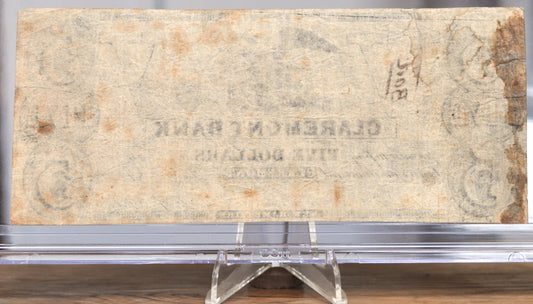 1849 Claremont Bank 5 Dollar Obsolete Note - Stamped Counterfeit - Claremont New Hampshire - 1849 Claremont Obsolete Five Dollars Note