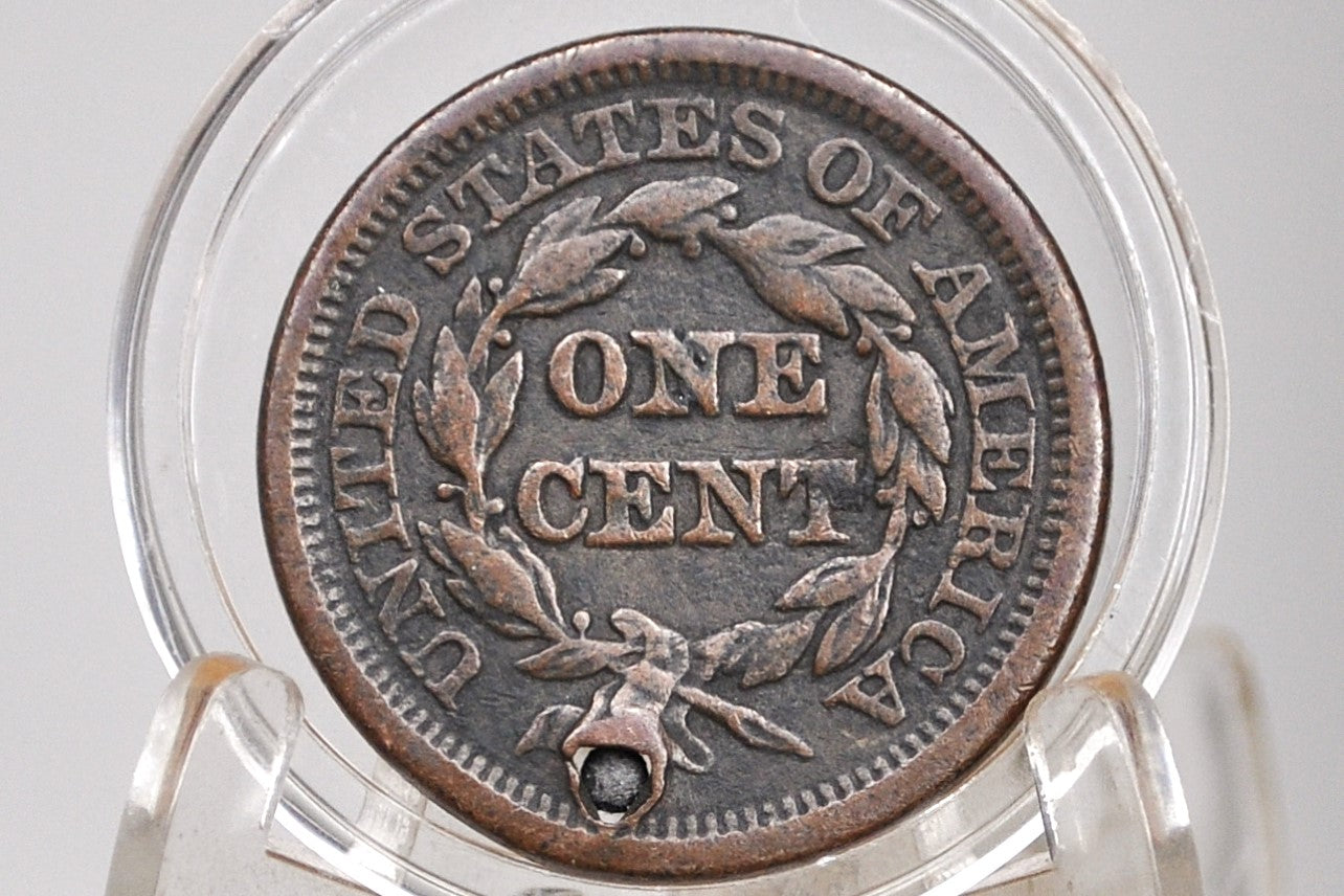 1846 Braided Hair Large Cent - Fine Details, Holed-Plugged - 1846 Coronet Cent - 1846 US Large Cent - Braided Hair 1839 to 1857