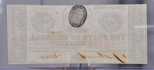 1862 The State of Georgia Milledgeville 5 Dollar Obsolete Note - Uncirculated Grade - Confederate Currency - 1862 Georgia Five Dollar Note