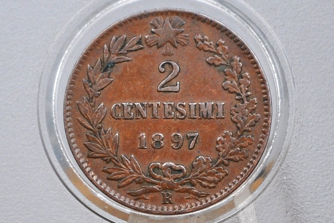 1897 Italian 2 Centesimi - Great Condition (AU) - 1897 Two Cent Coin Italy - Umberto I - Copper