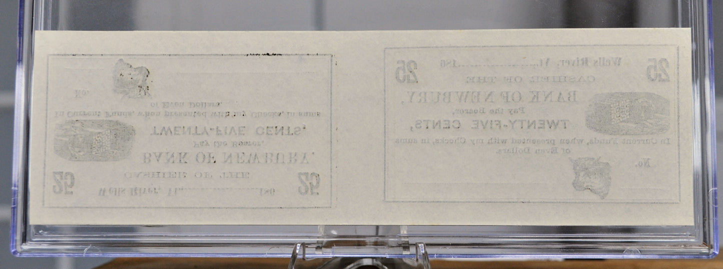 1860s Bank of Newbury 25 Cents Merchant Scrip Uncut Sheet - Unissued Remainder - Vermont Obsolete - 1860s Wells River Twenty-Five Cent Notes