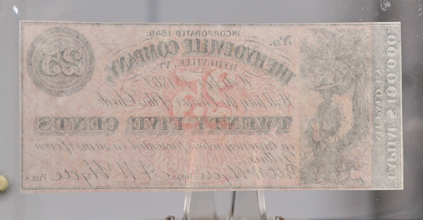 1862 Hydeville Company 25 Cents Merchant Scrip Note - Hydeville Vermont Obsolete - 1862 Vermont Company Twenty-Five Cent Obsolete Note