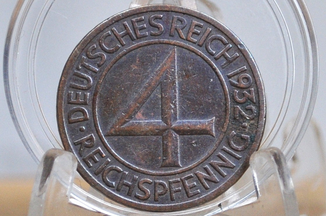 1932 German Weimar Republic 4 Pfennig Deutsches Reich - XF Details. Graffiti on Rim - Second Reich of Germany 1932 -