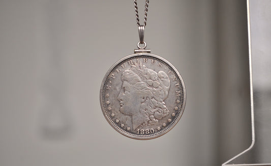 1880 Morgan Silver Dollar Bezel Necklace - One Silver Dollar Coin Bezel Necklace - Coin, Bezel, & Chain all Silver
