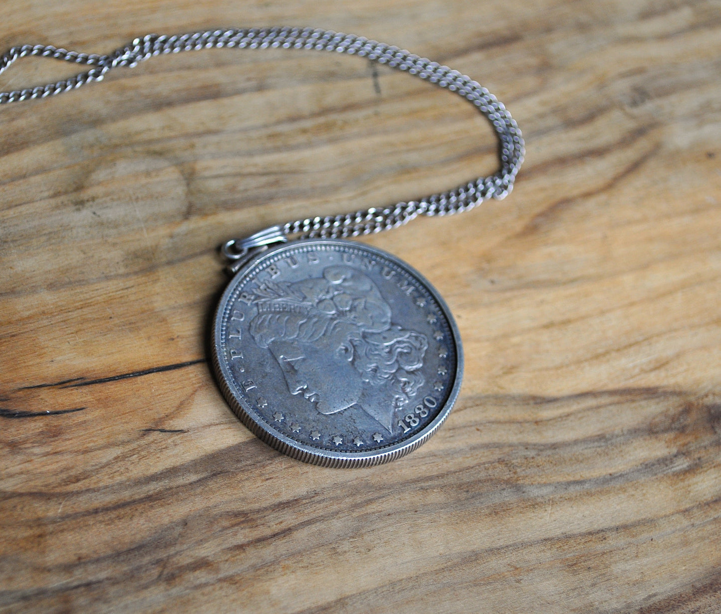 1880 Morgan Silver Dollar Bezel Necklace - One Silver Dollar Coin Bezel Necklace - Coin, Bezel, & Chain all Silver