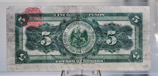 1915 Mexican Revolution 5 Pesos Sonora Note - El Estado de Sonora - Decree No. 13 - 1915 Mexico Hermosillo Five Peso Banknote - P#S1072