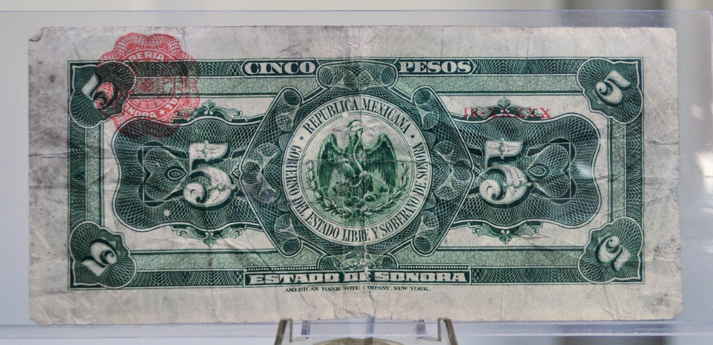 1915 Mexican Revolution 5 Pesos Sonora Note - El Estado de Sonora - Decree No. 13 - 1915 Mexico Hermosillo Five Peso Banknote - P#S1072