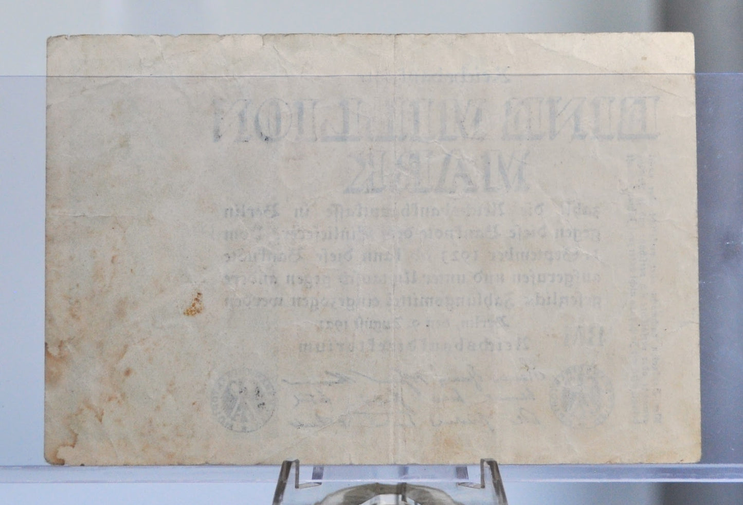 1923 Germany 1 Million Mark Note - Reichsbanknote - No Serial Number - Star Watermark - 1923 German One Million Marks Inflation Note- P#102a