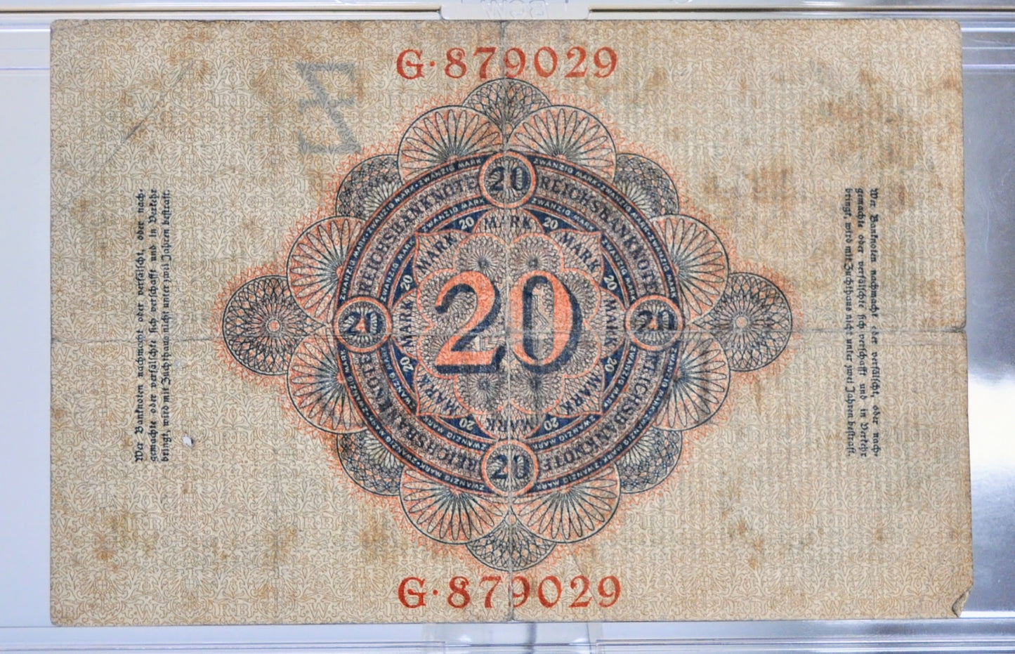 1910 Germany 20 Mark Banknote - Reichsbanknote - Rarer 6 Digit Serial Number - 1910 Twenty Marks German Empire Note - P#40a