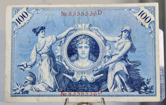 1908 German 100 Mark Banknote - Reichsbanknote - Red Seal Issue - 29mm Serial Number Type - 1908 Germany One Hundred Mark Note - P#33a