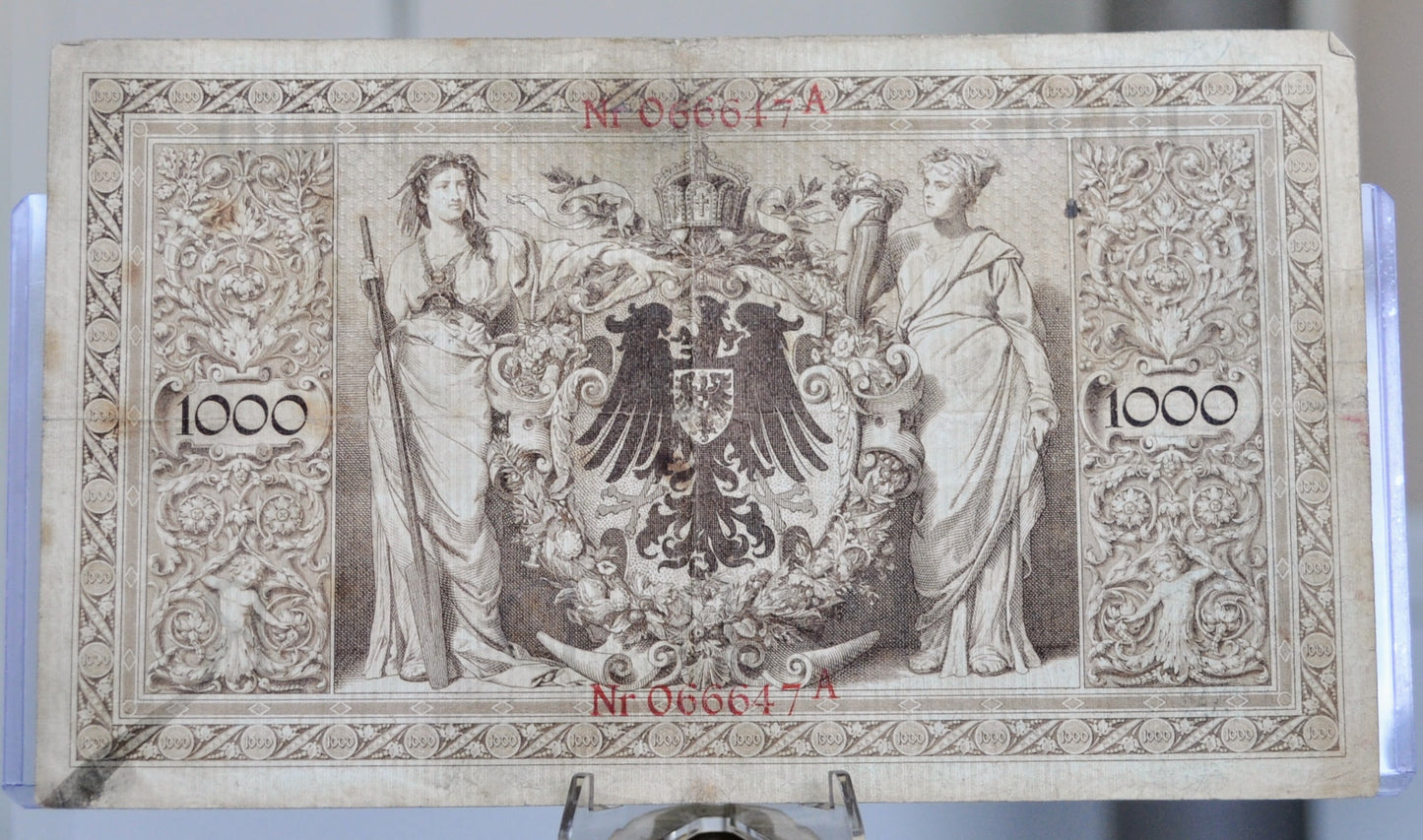 RARE 1903 German 1000 Mark Banknote - Reichsbanknote - Rare Early Date, Red Seal - Pre-WWI Germany - 1903 One Thousand Mark Note - P#23