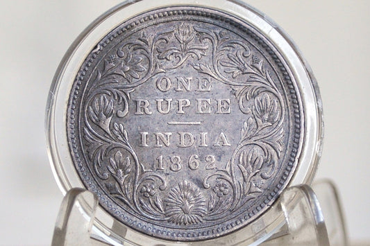 1862 East India Company 1 Rupee - AU Condition, Luster - Type II Reverse - Queen Victoria - East India Company Silver One Rupee 1862