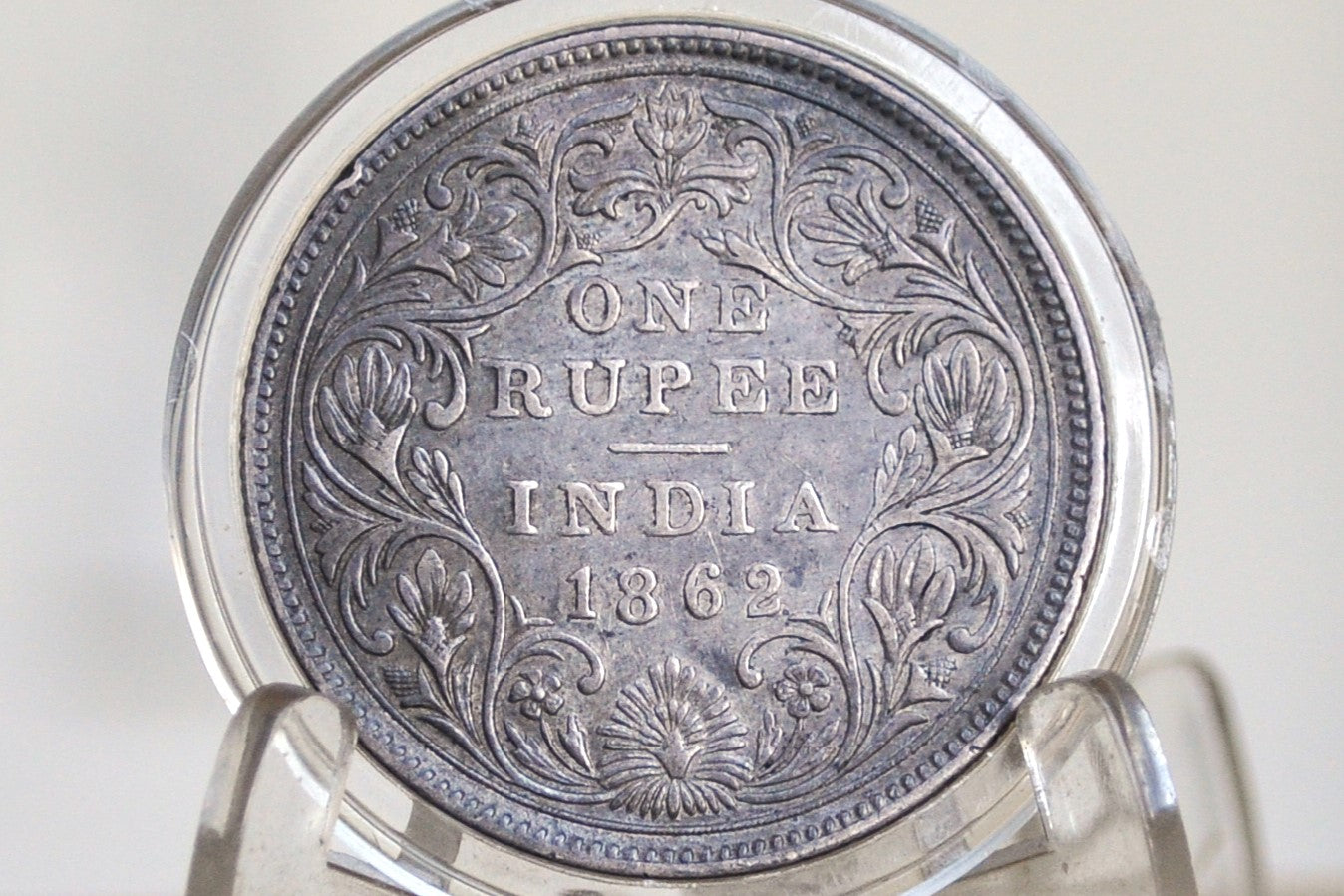 1862 East India Company 1 Rupee - AU Condition, Luster - Type II Reverse - Queen Victoria - East India Company Silver One Rupee 1862