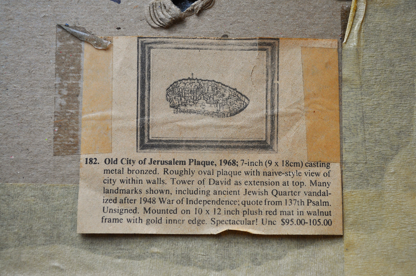 Antique 1968 Old City of Jerusalem Plaque - Pre-1948 Depiction - Ancient Jewish Quarter - Red Velvet Framed