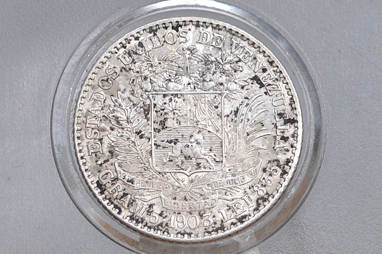 1903 Rare Silver Venezuela 5 Bolivares Coin - Choice AU Grade / Condition - Philadelphia Mint -