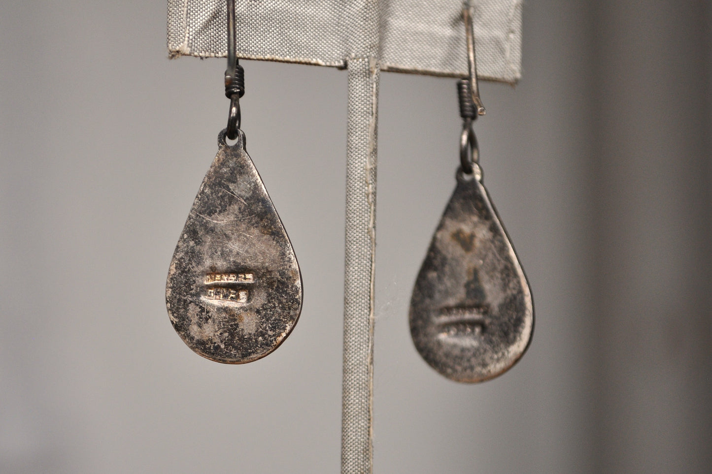 Antique Mexican Sterling Silver Malachite Mosaic Mayan Calendar Dangle Teardrop Earrings - Mayan Calendar Earrings - Sundial Earrings