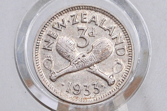 1933 New Zealand Silver Threepence - XF/AU Condition - 50% Silver - 1933 New Zealand 3 Pence