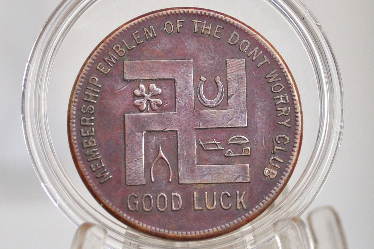 Antique No Karbon Eagleine Auto Cylinder Oil Good Luck Token - Don't Worry Club Token - Don't Worry Club Movement