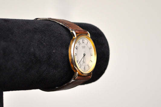 Vintage Citizen Quartz Leather Gold Tone Watch - Citizen Quartz Watch 2830-261348TA - Japanese Analog Watch - Working!