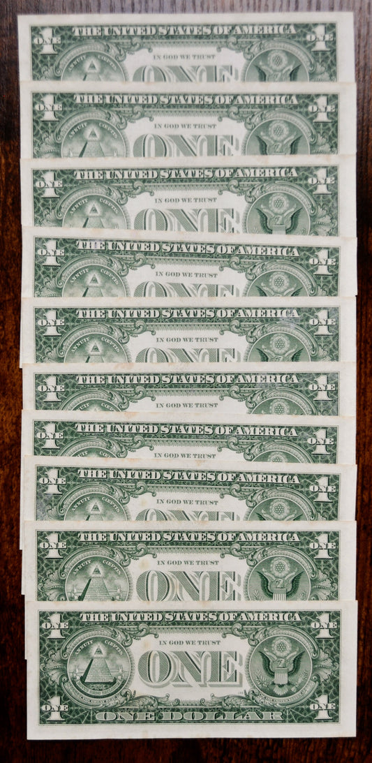Set of 10 1957 Silver Certificate 1 Dollar Sequential Notes - Consecutive Serial Numbers - 1957 Silver Cert Blue Seal Banknotes - Fr#1619