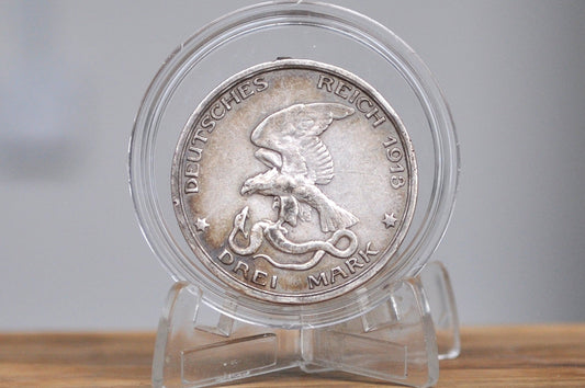 1913 Silver Prussian 3 Mark Commemorative Coin - Great Condition - William II - 100 Year Anniversary of War with Napoleon - WWI Coins -