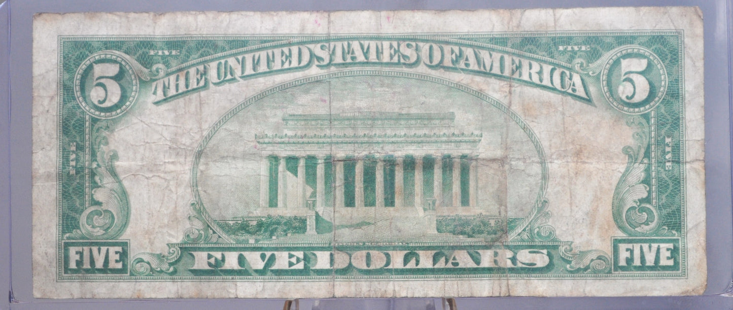 1928-A 5 Dollar Federal Reserve Note - VG/F (Very Good+) - Boston - Redeemable In Gold - 1928 Five Dollar Bill - Rarer Note