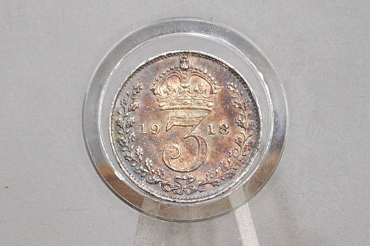 1918 Britain 3 Pence Silver - Uncirculated, Toned - Great Britain Silver Threepence 1918 - George V - Higher Grade