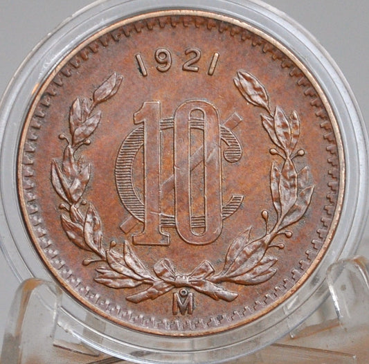 1921 Mexico 10 Centavos with Die Cracks Die Blob and Rim Doubling High AU Large Copper