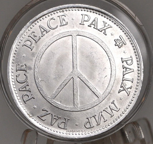 1970s Peace Now Medal - Peace Now Medal Featuring Peace in 7 Languages - Peace Now Medal featuring A globe with the Scales of justice and MLK and JFK