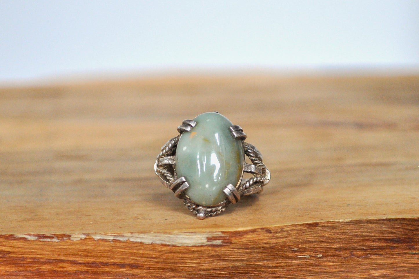 Rare Sterling Silver Milky Jade Coiled Design Ring - Size 5 - Reshaped to Fit Regularly - Stamped Sterling